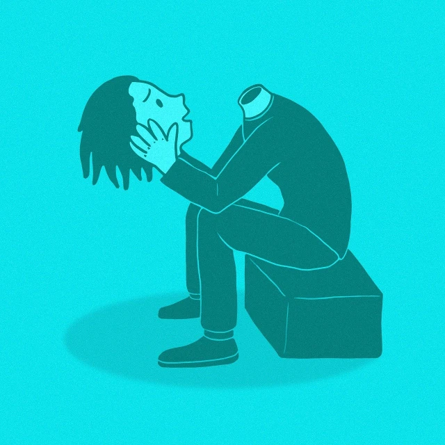 a person sitting on top of a piece of luggage, vector art, inspired by Emiliano Ponzi, crying and puking, head in hands, with teal clothes, junji ito style