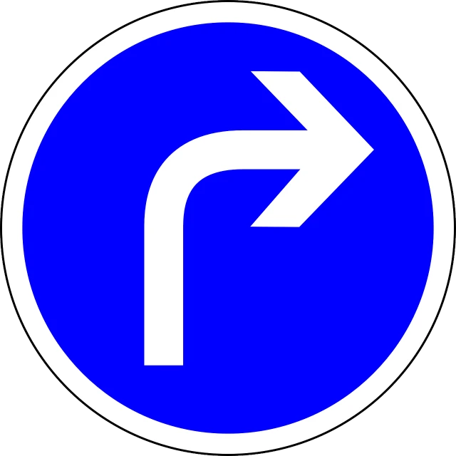 a blue sign with a white arrow pointing left, curve, driver, colour, roman