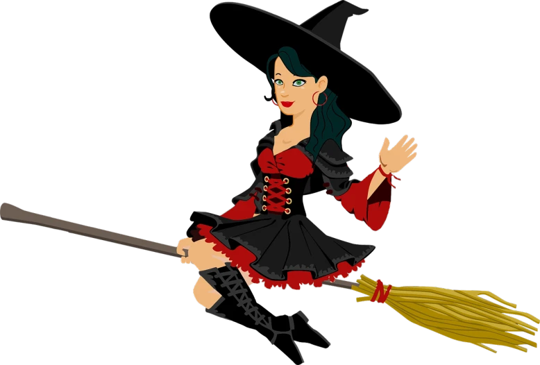 a cartoon witch flying on a broom, vector art, gothic art, screen cap, 1 8 yo, scarlet, random detail