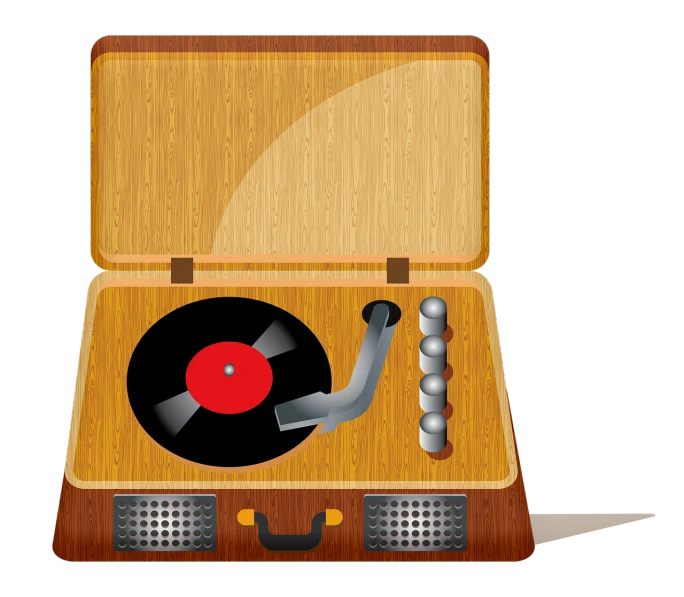 a suitcase with a record player inside of it, an illustration of, folk art, high detail illustration, on black background, wood, game icon