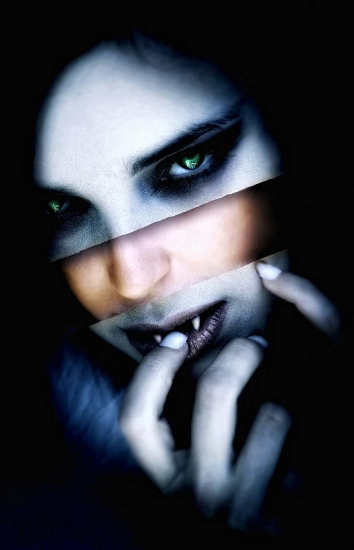 a close up of a person with green eyes, deviantart, gothic art, vampire fangs, creative photo manipulation, about to consume you, epic 3 d abstract emo girl
