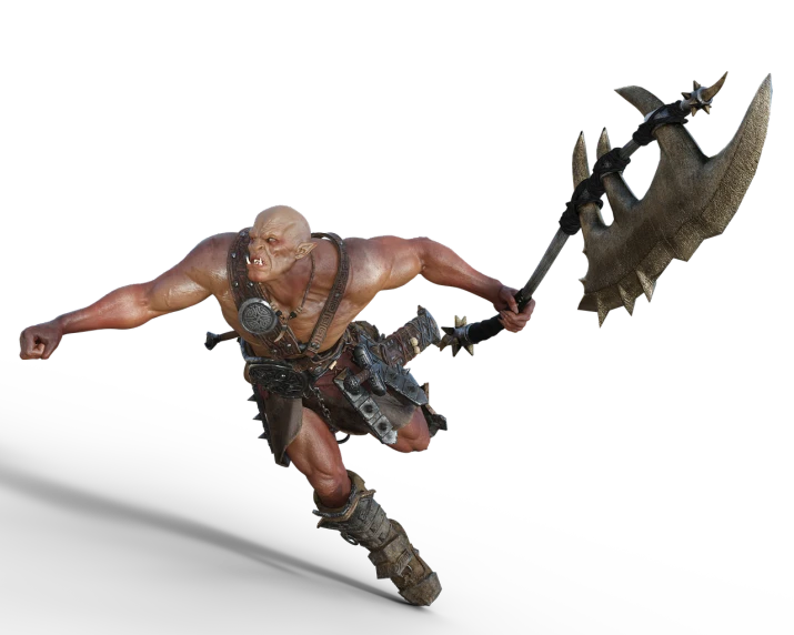 a close up of a statue of a man with a sword, by senior environment artist, minotaur warrior with axe, insane action pose, bald orc mechanic, character is flying