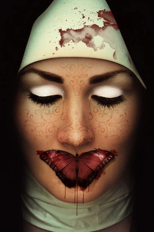 a close up of a person with a butterfly on her nose, inspired by Gottfried Helnwein, deviantart, transgressive art, nurse girl, symmetrical digital illustration, blood dripping from mouth, tom bagshaw style