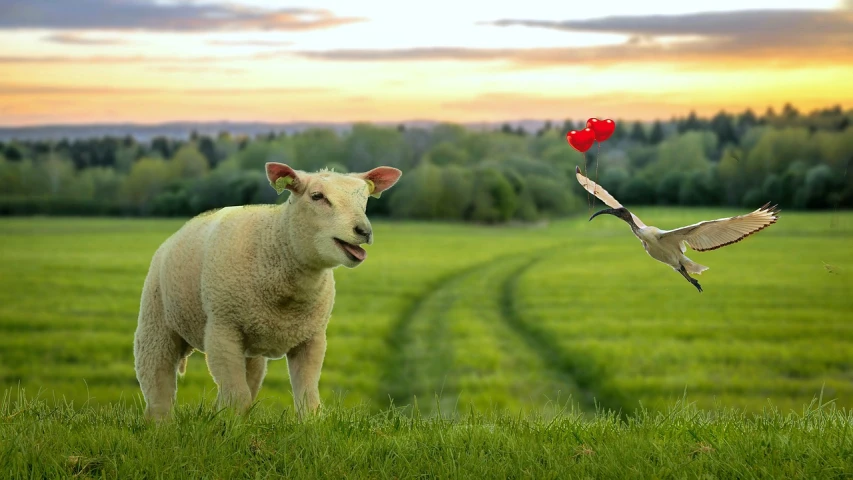 a couple of sheep standing on top of a lush green field, a picture, inspired by George Stubbs, shutterstock contest winner, cupid, picking up a flower, red nose, 🤠 using a 🖥