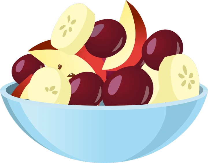 a bowl filled with sliced apples and cherries, inspired by Masamitsu Ōta, pixabay, digital art, banana, stew, facing left, clipart