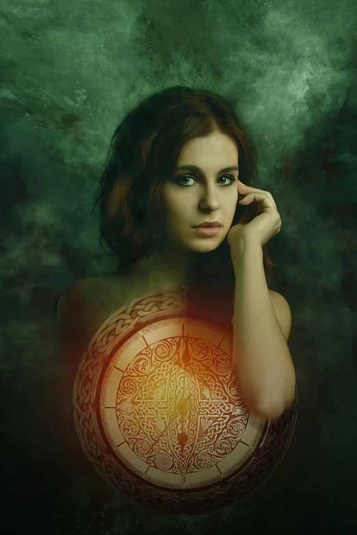 a woman holding a cell phone to her ear, digital art, by Adam Marczyński, trending on pixabay, digital art, portrait of celtic goddess diana, holding a pentagram shield, high quality fantasy stock photo, haunting beautiful young woman
