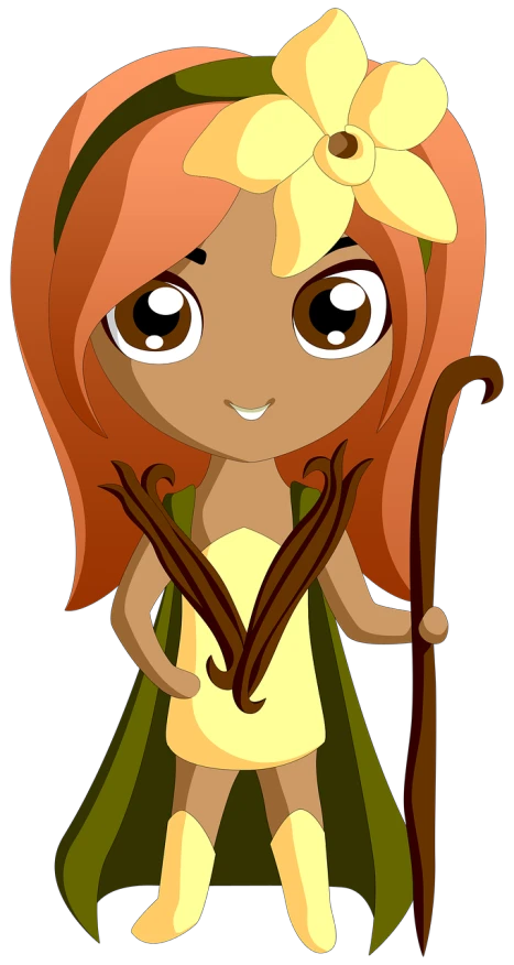 a cartoon girl with a flower in her hair, inspired by Lü Ji, hurufiyya, holding bow and arrow, tree druid, in the croods movie style, in a halloween style