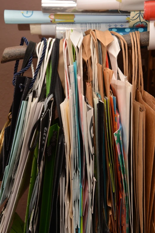 a bunch of papers are hanging on a rack, by Richard Carline, shutterstock, bags, hyperdetailed!!, exquisite detail, new mexico