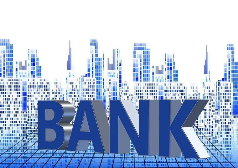 a bank sign in front of a cityscape, a digital rendering, pixabay, background is white, blue, tanks, full body close-up shot