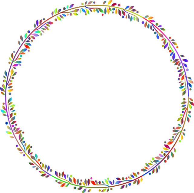 a circle of colored leaves on a black background, a digital rendering, circlet, inner ring, full of colour w 1024, willowy frame