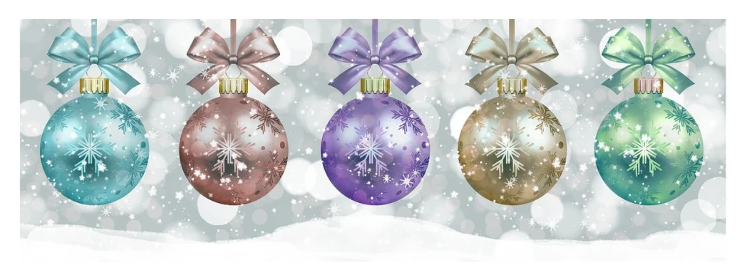 a group of christmas ornaments hanging from a string, a pastel, pixabay, !!highly detailed, trio, purple, gray