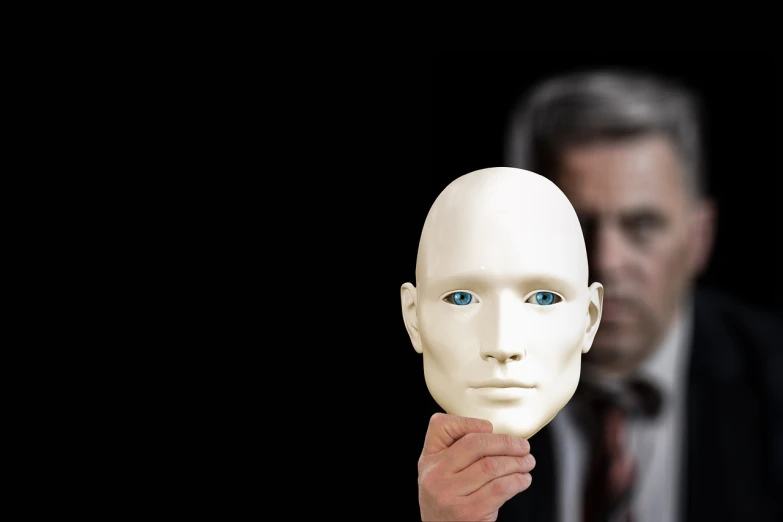 a man holding a white mask in front of his face, a surrealist sculpture, inspired by Rene Magritte, trending on pixabay, bauhaus, cross section of mannequin head, a portrait of @hypnos_onc, serious business, doll face