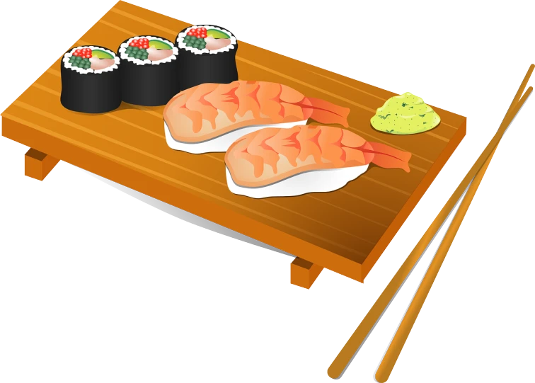 a wooden table topped with sushi and chopsticks, an illustration of, illustration sharp, shrimp, twins, brushed