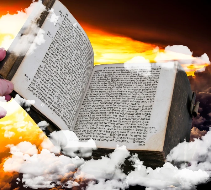 a person holding an open book in the clouds, by Niko Henrichon, shutterstock, ancient evil letters, cataclysm, background image, biblical epic movie