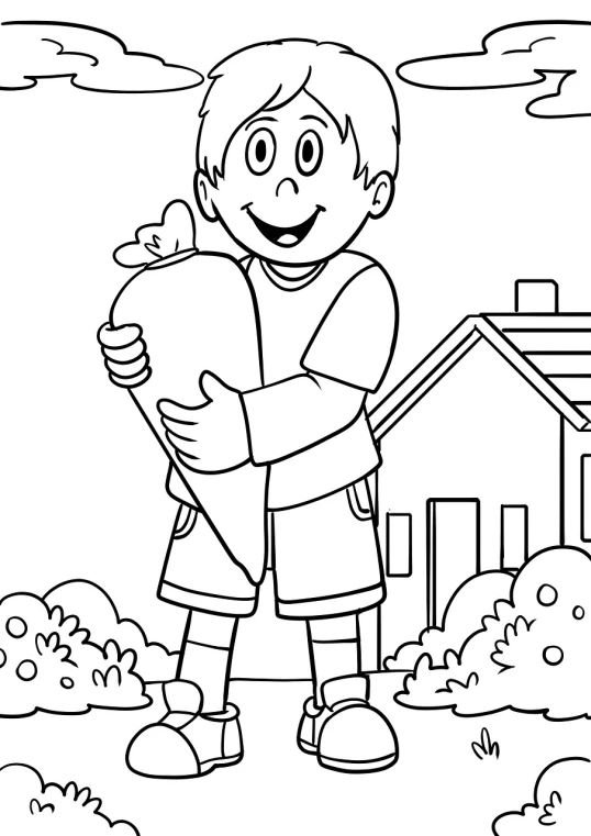 a boy holding a piece of paper in his hands, a detailed drawing, by Mario Bardi, pixabay contest winner, holding a giant strawberry, black and white coloring, hugging, standing outside a house