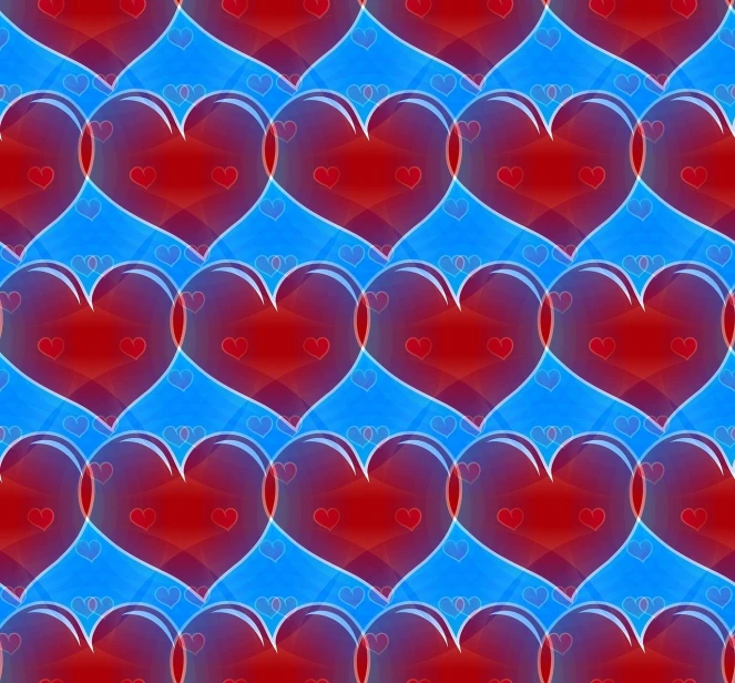 a lot of red hearts on a blue background, a digital rendering, by Jon Coffelt, trending on pixabay, pop art, seamless pattern :: symmetry, blue transparent jelly, wallpaper - 1 0 2 4, glass-cast heart