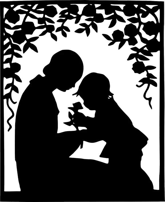 a silhouette of a woman giving a flower to a child, pixabay contest winner, arts and crafts movement, kirigami, mourning, rectangular piece of art, grandma