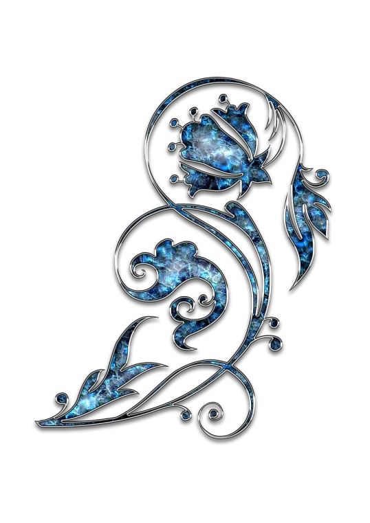 a close up of a flower on a black background, a digital rendering, art nouveau, blue diamonds, fantasy sticker illustration, marble background, scrollwork