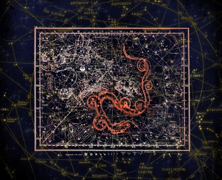 a constellation map with a red snake on it, a digital rendering, space art, many suckered tentacles. hybrid, 1 9 century, super nova octopus, london