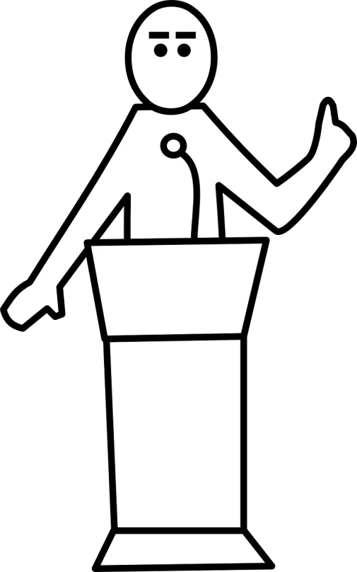 a man giving a speech from a podium, by Andrei Kolkoutine, pixabay, figuration libre, icon black and white, elongated arms, anthropomorphic female, tourist photo