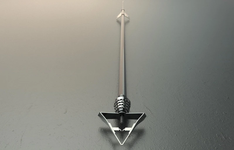 a close up of a metal object on a wall, concept art, by Artur Tarnowski, arrowed longbow, 3 d design for tattoo, top angle view, trident