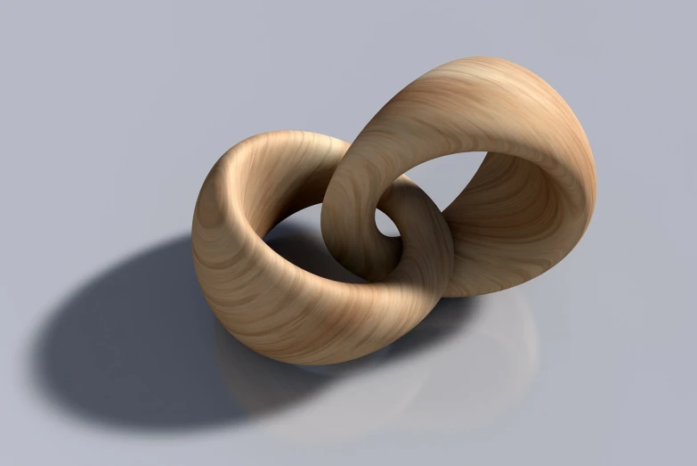 a couple of wooden rings sitting on top of a table, a 3D render, inspired by Alexander Archipenko, vine twist, mobius, grain”, mathematical interlocking