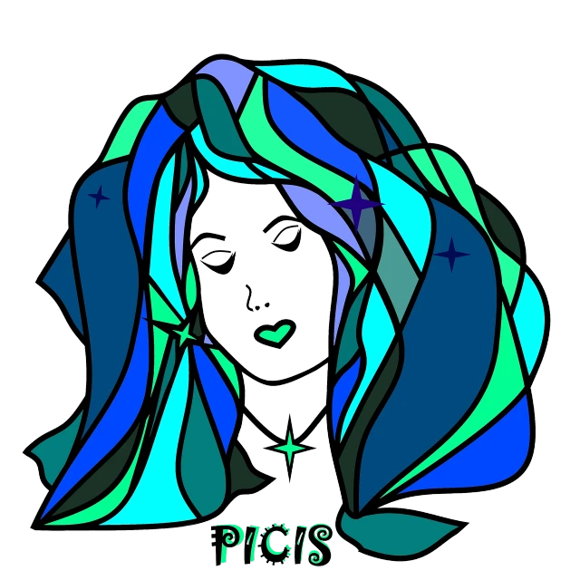 a drawing of a woman with long hair, vector art, inspired by Pia Fries, psychedelic art, neon blue highlights, pisces, blue and green color scheme, stained glass style