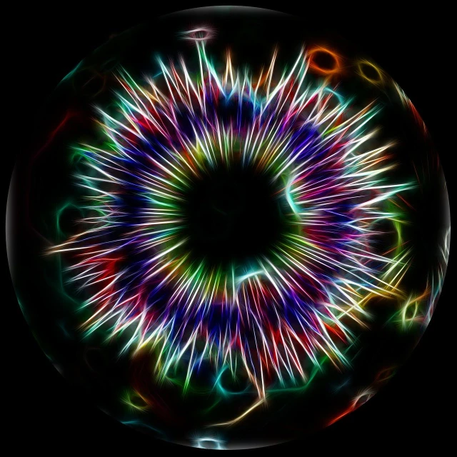 a close up of a colorful object on a black background, a microscopic photo, inspired by Otto Piene, flickr, abstract illusionism, colorful plasma hairs, iris human's eye photo, computer generated, translucent sphere