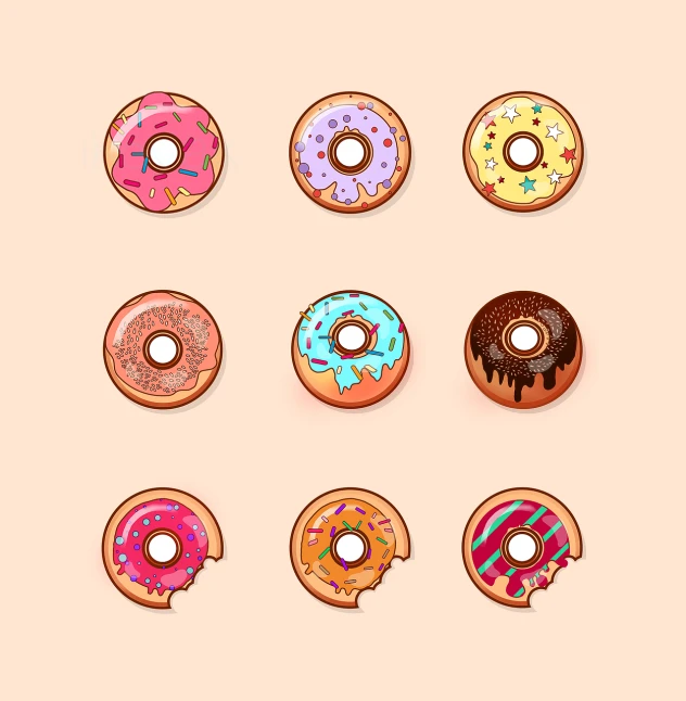 a number of doughnuts with different toppings, vector art, pop art, anime set style, on a pale background, brown holes, 2 8 mm color