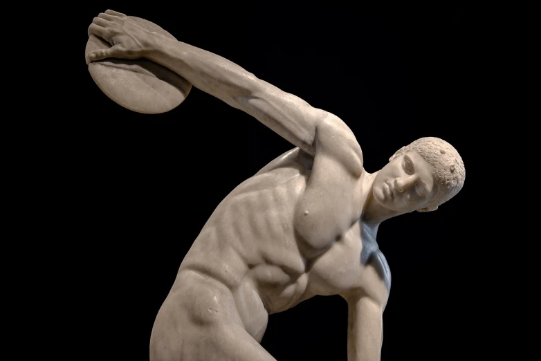 a statue of a man holding a basketball ball, a marble sculpture, shutterstock, academic art, body building blacksmith, exhibited in the british museum, ary scheffer, human body breaking away