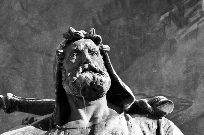 a statue of a man holding a baseball bat, by Patrick Pietropoli, fine art, jesus face, monochrome:-2, horned god, rome