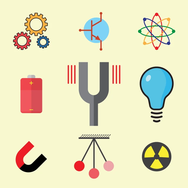 a collection of science related icons on a yellow background, vector art, nuclear art, red and black robotic parts, flat - color, on a pale background, electricity