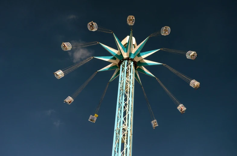 a carnival ride with a blue sky in the background, a portrait, by Werner Gutzeit, flickr, hurufiyya, garis edelweiss, flying screw, southern cross, ultra-high details