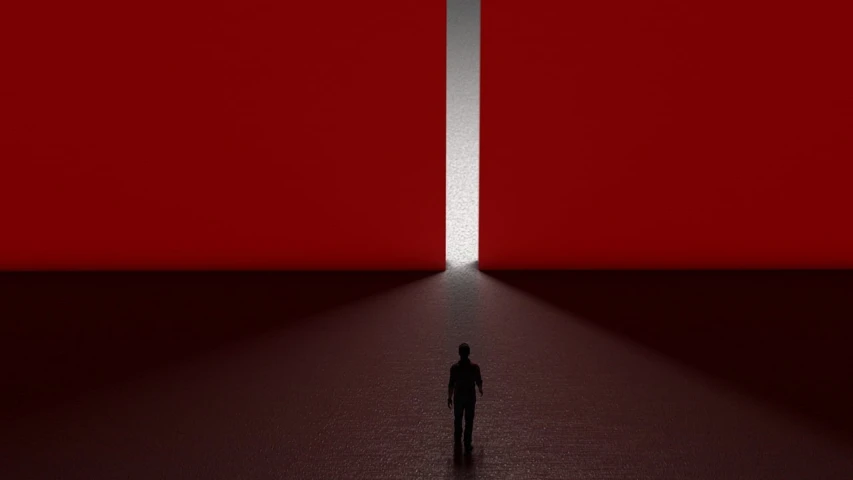 a man that is standing in the middle of a room, inspired by Grzegorz Domaradzki, conceptual art, red room, minimalist lighting, horizon, narrow