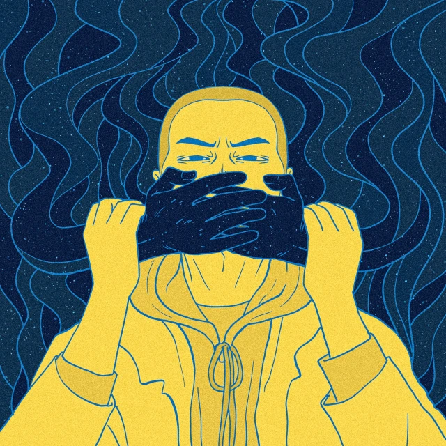 a man covering his face with his hands, vector art, by Michael Deforge, shutterstock, digital art, flowing cloth and smoke, with yellow cloths, calm night. digital illustration, laurie greasley and james jean