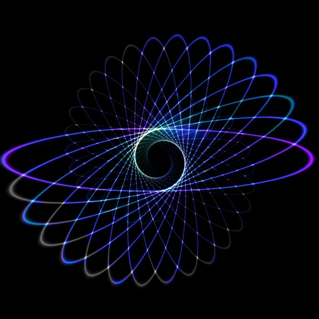 a blue and purple flower on a black background, a digital rendering, by Andrei Kolkoutine, generative art, orbital rings, string theory, the concept of infinity, light lines