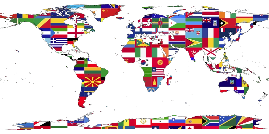 a group of people standing in front of a map of the world, a digital rendering, fine art, gang flags, !! very coherent!!, black, large patches of plain colours