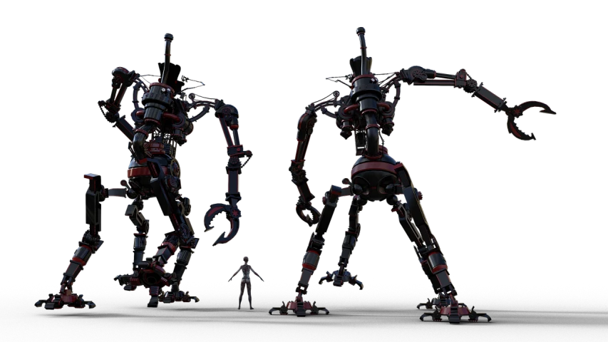 a couple of robots standing next to each other, polycount contest winner, digital art, front back view and side view, ai robot tendril remnants, ultra 4 k concept turnaround, red and black robotic parts