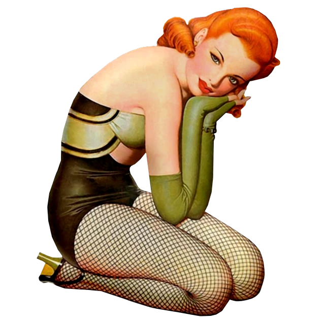 a painting of a woman sitting on the ground, by Earle Bergey, flickr, pop art, with red hair and green eyes, fishnet clothes, angus mcbride, sassy pose