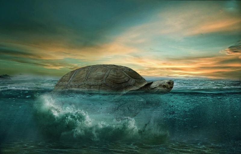 a turtle sitting on top of a wave in the ocean, an illustration of, by Alexander Kucharsky, renaissance, closeup photo, aged turtle, swimming through time, serene illustration
