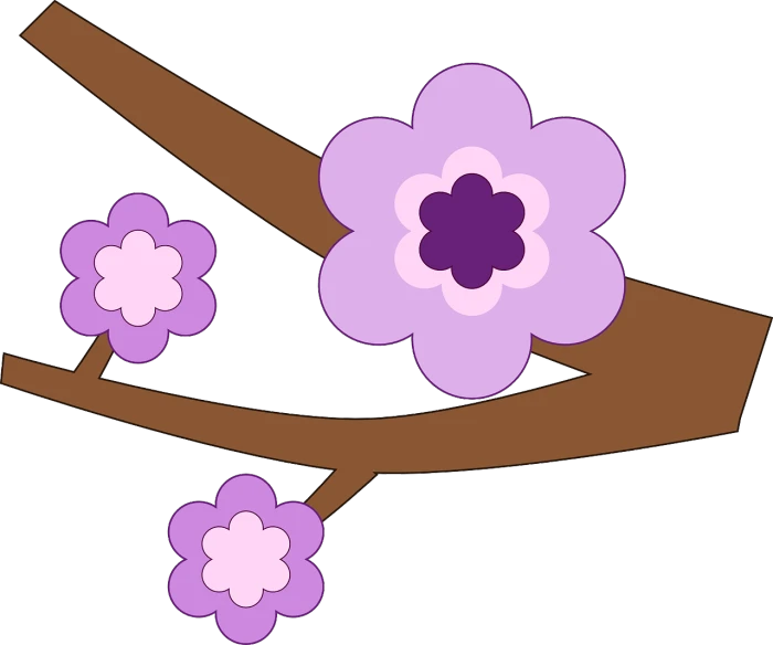 a purple flower sitting on top of a tree branch, inspired by Masamitsu Ōta, deviantart, sōsaku hanga, material is!!! plum!!!, japanese cartoon style, three, spring color scheme