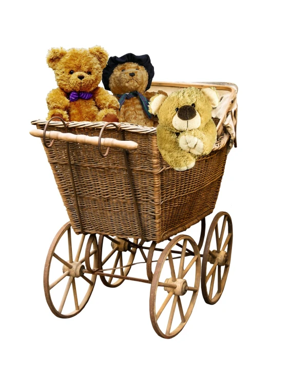 two teddy bears sitting in a wicker baby carriage, pixabay, renaissance, various posed, mine cart, high-res, family photo