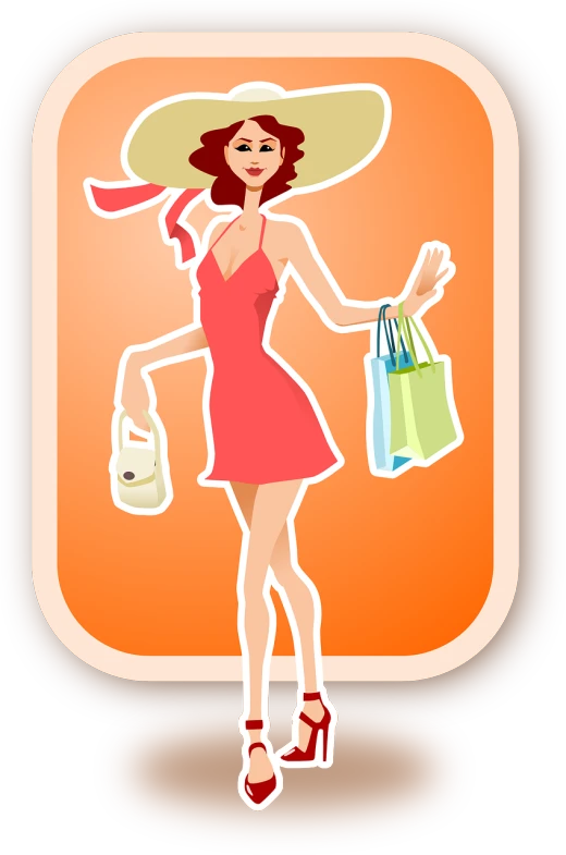 a woman in a pink dress holding shopping bags, vector art, by Viktor Oliva, trending on pixabay, figuration libre, wearing orange sundress, art deco!, full body in frame, she is wearing a hat