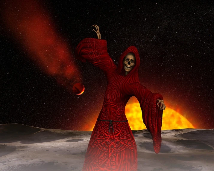 a digital painting of a person in a red robe, inspired by gustav dore, digital art, during lunar eclipse, tibetan skeleton dancer, on another planet, 3 d cg