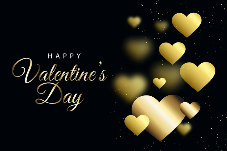 a black background with gold hearts and the words happy valentine's day, shutterstock, background image, slick elegant design, sandy, selina