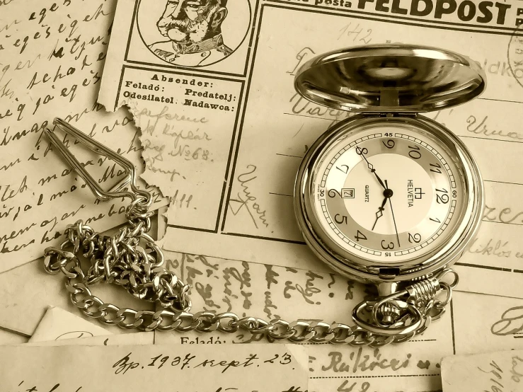 a pocket watch sitting on top of a pile of letters, a photo, by Walenty Wańkowicz, old style, ww 2, very detailed picture, advert