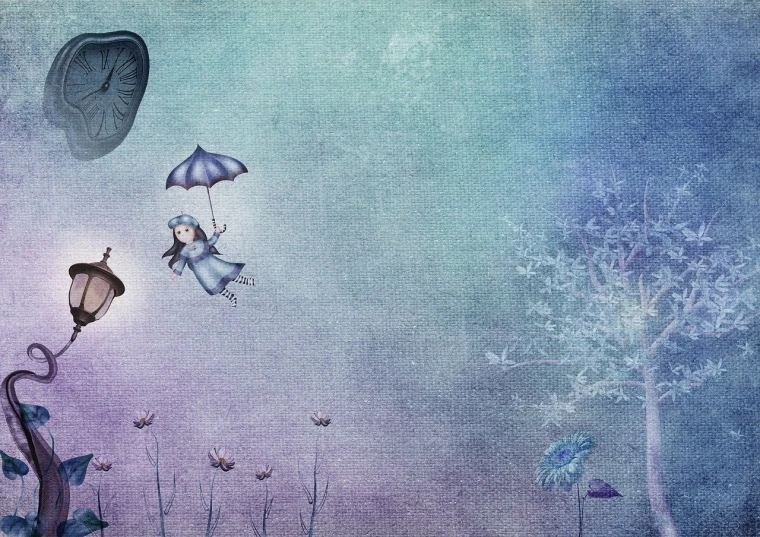 a painting of a girl flying in the sky with an umbrella, a storybook illustration, pop surrealism, website banner, victorian era，jellyfish element, blue and violet, surreal photo