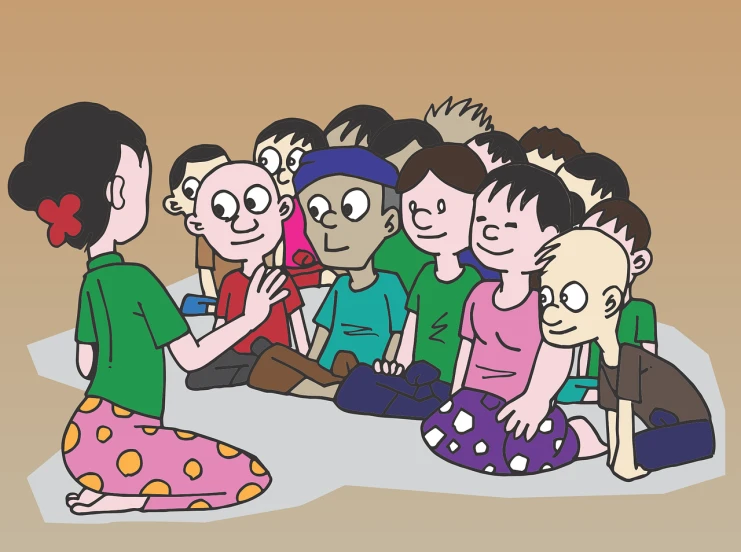 a group of people sitting around each other, an illustration of, mingei, children's cartoon, hindu stages of meditation, big crowd, roleplaying
