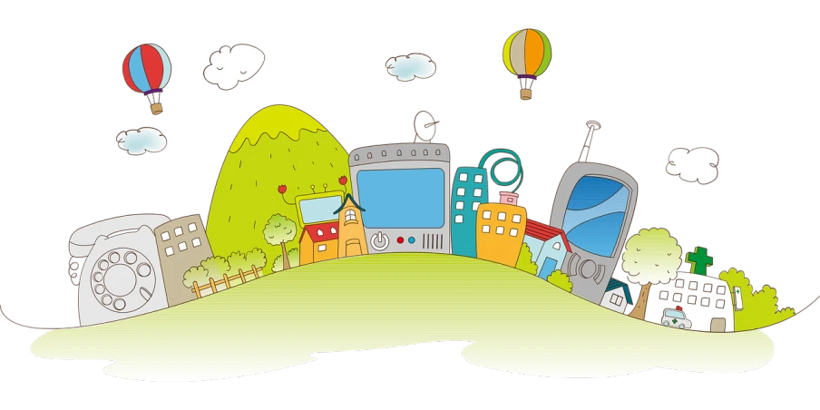 a cartoon city with lots of buildings and hot air balloons, a picture, naive art, tv set, black!!!!! background, color vector, green digital world