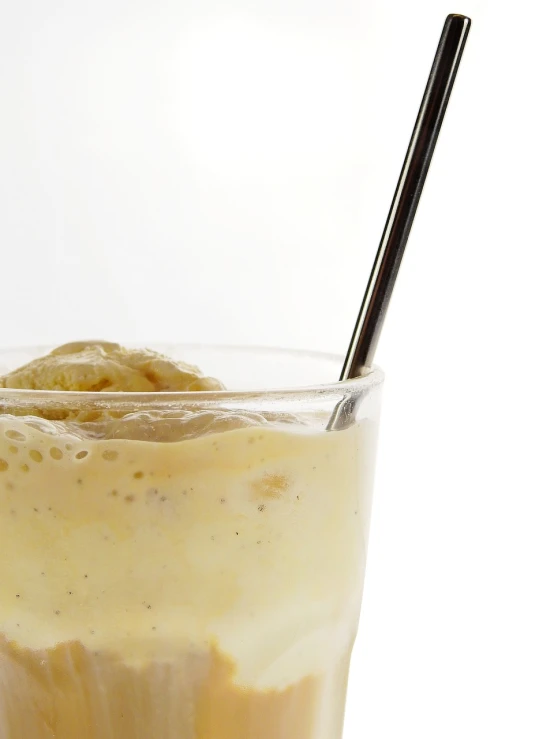 a close up of a drink in a glass with a straw, renaissance, humus, detailed zoom photo, banana, close-up product photo